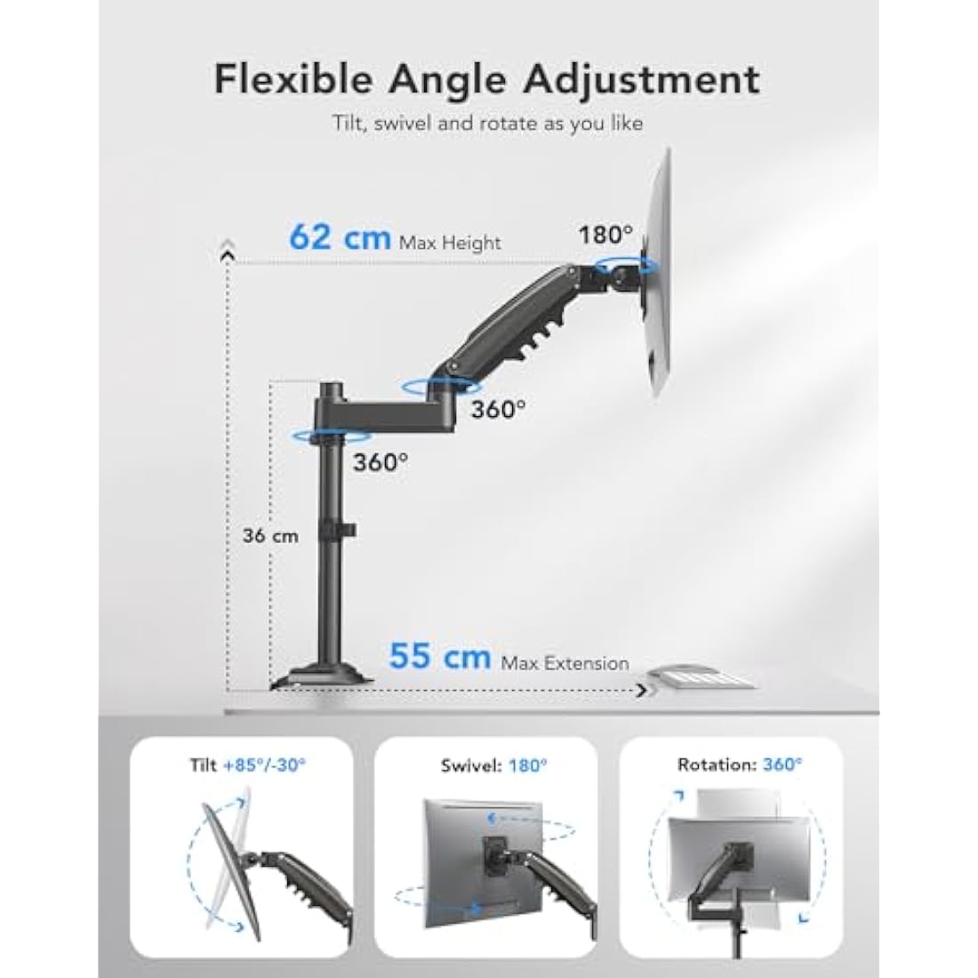 HUANUO Single Monitor Arm for 13" to 34" Screens, Single Monitor Stand with Pole for More Height Adjustments, Gas Spring Screen Arm Holds up to 19.8lbs, Swivel Screen Holder Desk Mount, VESA 75/100