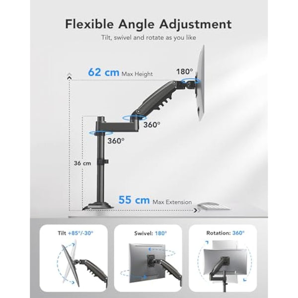 HUANUO Single Monitor Arm for 13" to 34" Screens, Single Monitor Stand with Pole for More Height Adjustments, Gas Spring Screen Arm Holds up to 19.8lbs, Swivel Screen Holder Desk Mount, VESA 75/100