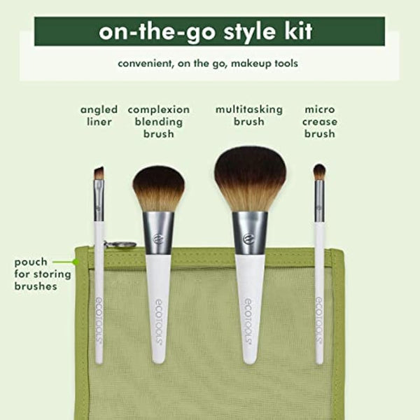 EcoTools On-The-Go Makeup Brush Kit, Travel-Friendly Brush Set, Mini-Size Makeup Tools for Powders, Blush, Bronzer, & Eyeshadows, Eco-Friendly, Synthetic Bristles, Cruelty-Free & Vegan, 5 Piece Set