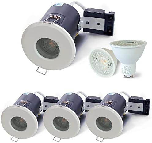 4XSweier White LED Fire Rated Downlights, Waterproof IP65 Spotlight, 5W 6000K Cool White LED Recessed Ceiling Lights, 90 Minute Fire Rated 230V Die-Cast Aluminium Spotlight, Cut-Out 75mm