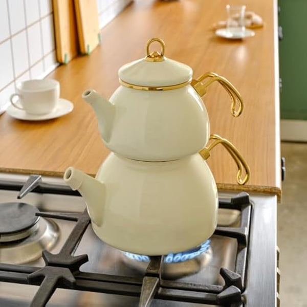 Karaca Retro Enamel Teapot Set, Titanium, Tea Infuser 1.1 L - 2.4 lb, Water Pot 2.3 L - 5.1 lb, Cream, Suitable for Induction, Kettle, Turkish Tea Kettle
