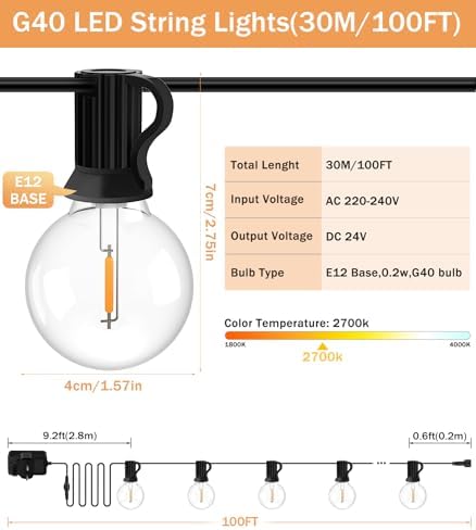 JEYMORKEY Festoon String Outdoor Garden Lights: 30M 100ft G40 Outside Electric Light Mains Powered Shatterproof LED Bulb Waterproof Lighting for Outside Patio Pergola Gazebo