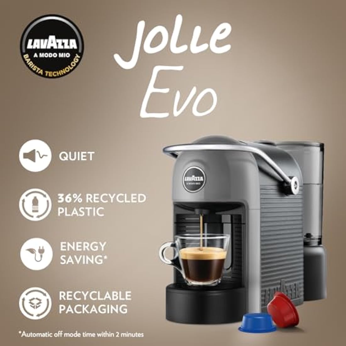 Lavazza, A Modo Mio Jolie EVO, Coffee Capsule Machine, Made from 36% Recycled Plastic, Compatible with A Modo Mio Pods, with Removable Cup Rest, Automatic Shut-Off, 1250 W, 220–240 V, 50–60 Hz, Grey