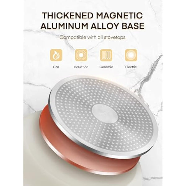 FOHERE Nonstick Frying Pan Set with Detachable Handle, 3PCS 20 24 28 CM Non Toxic Diamond Ceramic Pan, Oven Safe Skillets and Frying Pans, Compatible with All Stoves(Induction), Beige