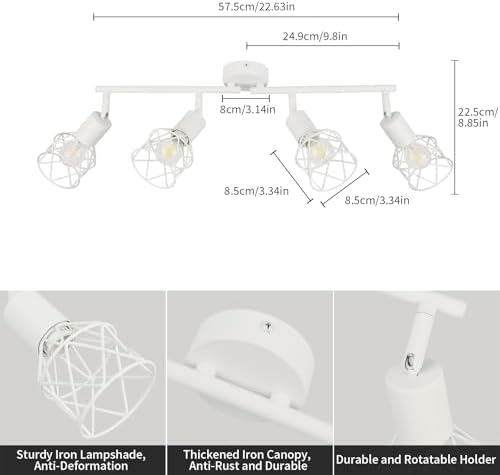 FORCOSO Ceiling Lights Spotlight, 4 Way Spot Lights 350°Adjustable, E14 Base White Light Shade Metal Wire Cage Light Fittings, Industrial Wall Ceiling Lamp for Kitchen Living Room Hallway Bedroom
