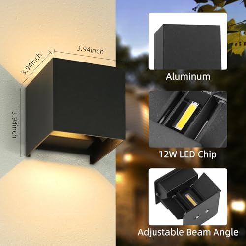 CHENBEN Outdoor Wall Lights 12W Waterproof IP65 Aluminum Black Indoor Wall Lamp LED Outside Wall Lights Adjustable Beam 3000K Warm White for Garden Bedroom Living Room Aisle (4 Pack)