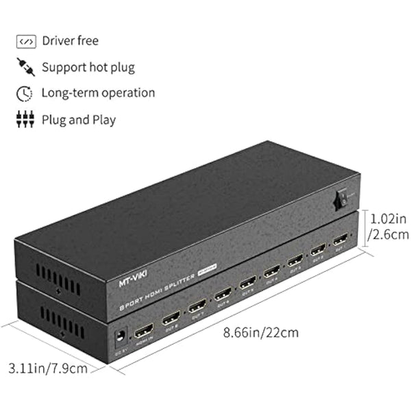 4K HDMI Splitter 1 in 8 out, 1 to 8 Distributor MT-VIKI 8 Way 1x8 For 8 Monitor HDTV CCTV 3D Supports EDID HDCP +UK Power Supply