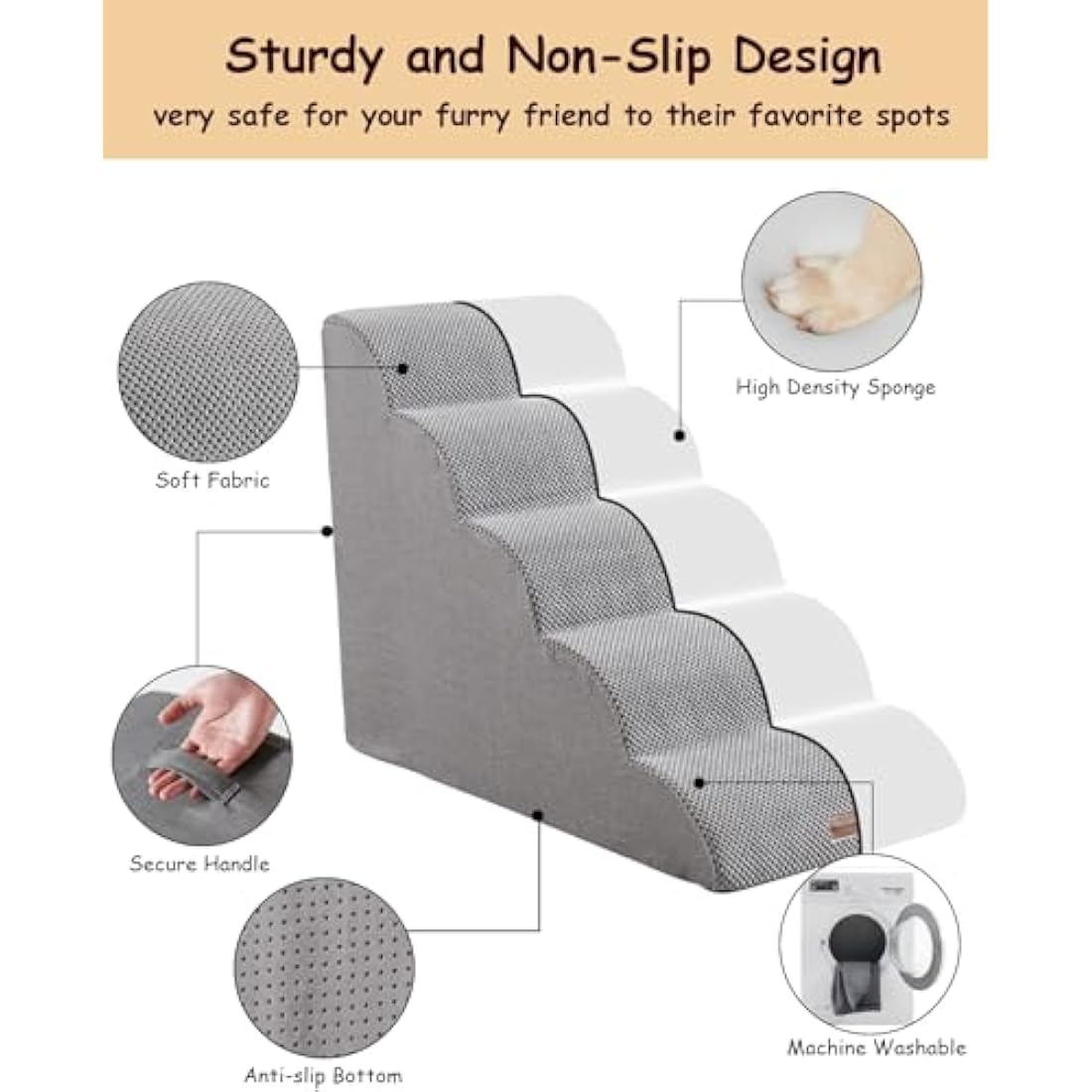Ezkamfort Dog Steps for Bed, 5-Steps High Density Foam Dog Stairs with Detachable Cover & Non Slip Bottom, Waterproof Pet Steps Ladder for Sofa, Couch & Bed-Grey