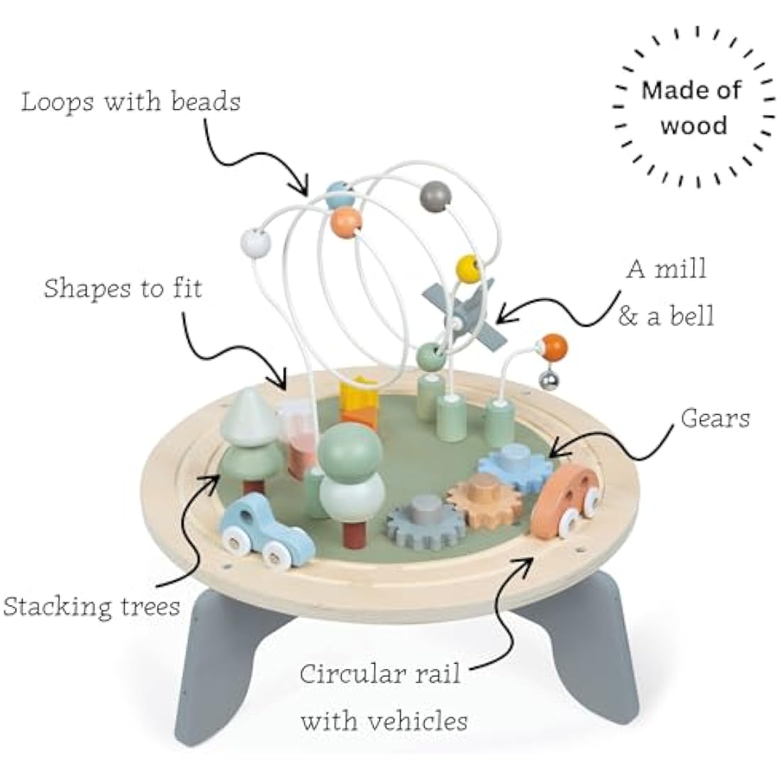 Janod J04402 Sweet Cocoon Wooden Activity Multi-Play Table Toddlers – Fine Motor Development – Non-Slip Feet – Water Painted and FSC Certified – Suitable for Age 1 Year and Above