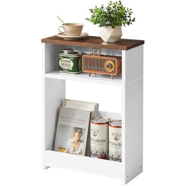 IBUYKE Narrow Side Table with Storage Shelf, 3 Tier Slim End Table for Small Spaces, Wood Small Nightstand with Magazine Rack for Living Room, Bedroom, Sofa, Space Saving, White WST006W