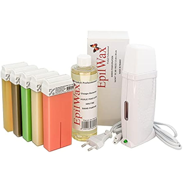 EpilWax Royal Depilatory Kit Complete with: Professional Wax Heater 5 Roll-On Wax 100 ml variegated, 100 Depilatory Strips, 1 Bottle of 250 ml After Wax Oil - (Royal Series variegated 5)