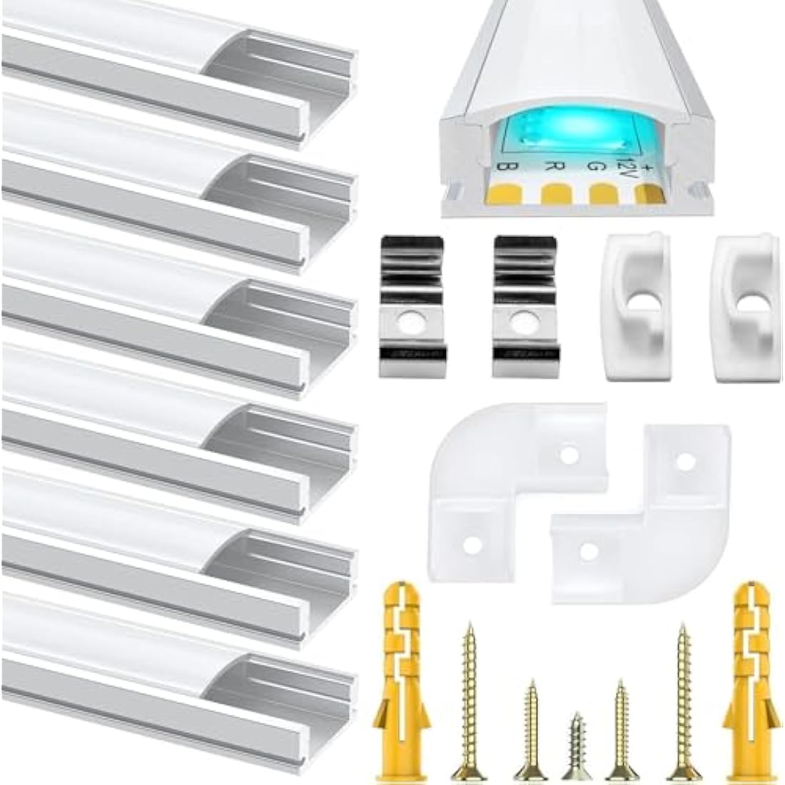 6 Pack Led Aluminum Profile, 1Meter/3.3ft U-Shape Led Aluminum Channel, Led Profile with Milky White Cover. LED Channels and LED Diffusers with End Caps, Mounting Clips and Corner Connectors