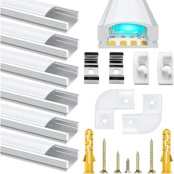 6 Pack Led Aluminum Profile, 1Meter/3.3ft U-Shape Led Aluminum Channel, Led Profile with Milky White Cover. LED Channels and LED Diffusers with End Caps, Mounting Clips and Corner Connectors