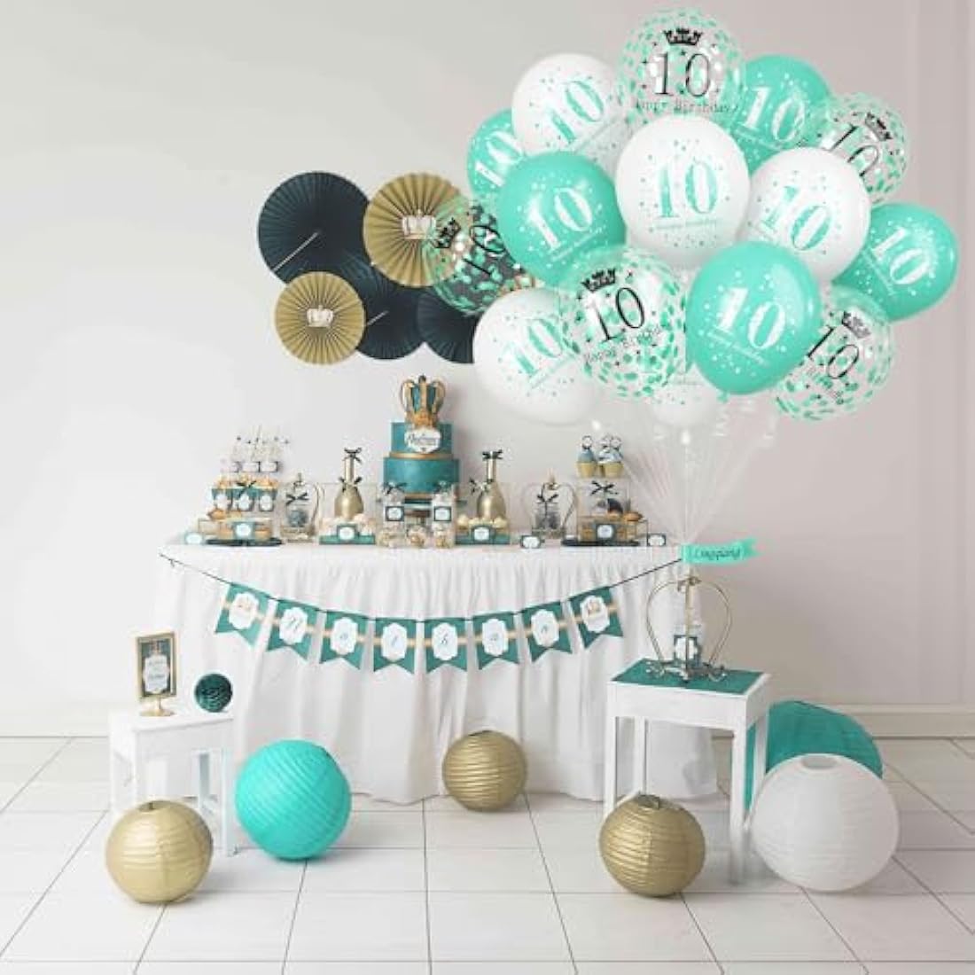 10th Birthday Decorations Girl, Teal White Happy 10th Birthday Latex Print Balloons for Boys, Turquoise White Confetti 10th Bday Party Decorations for Kids Age 10 Years Old Birthday Party Supplies