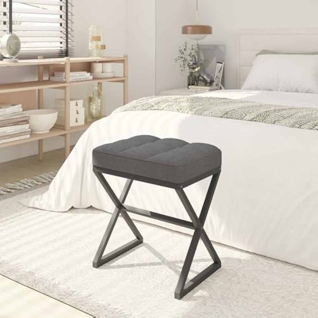 YMYNY Vanity Stool, Linen Footrest Stool, Square Ottoman Bench with X-Shaped Metal Legs, Makeup Dressing Stool for Vanity, Living Room, Bedroom, Entryway, Hallways 40×30×46CM Grey HBD033G