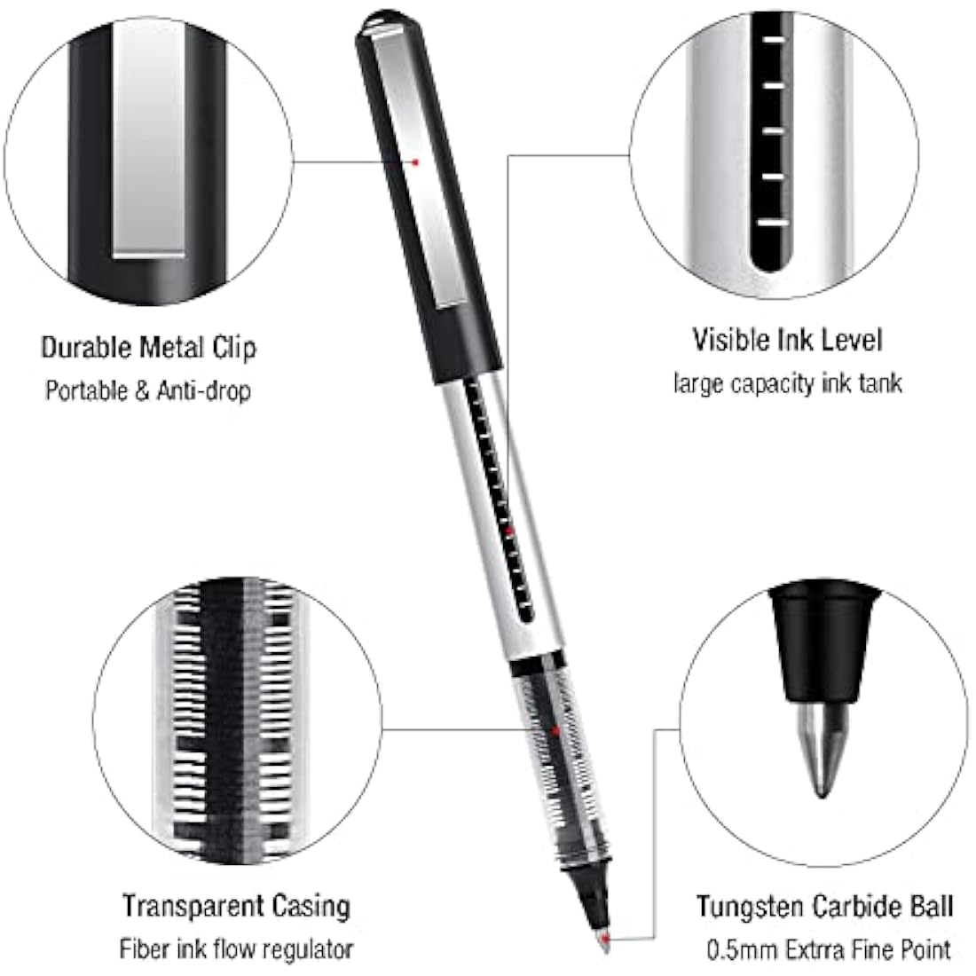 AKARUED Rollerball Pens 24 Pack Black Gel Pens, 0.5mm Liquid Ink Rollerball Pen, Quick-Drying Ballpoint Pens Writing Pens for Bullet Journal, Notebook. School & Office Accessories for Students Adults