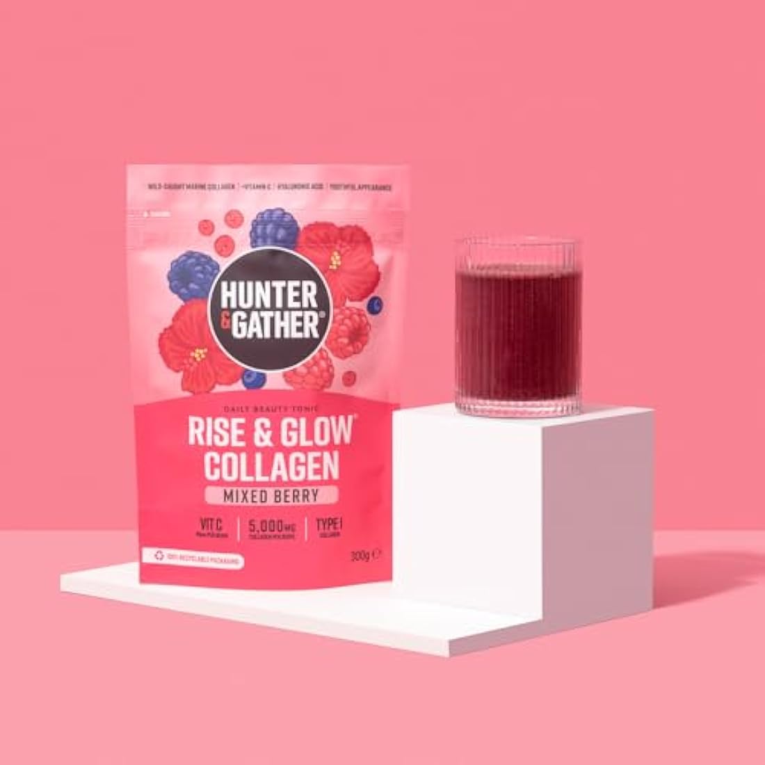 Hunter & Gather Rise & Glow Collagen Daily Beauty Tonic 300g - Mixed Berry - Wild Caught Marine Collagen - Real Food Ingredients with Hyaluronic Acid - Keto, No Added Sweeteners - Just Add Water