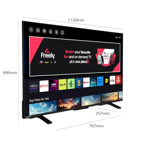 Toshiba 50”UV2F53DBU 4K Smart VIDAA TV, Ultra HD, HDR10, Freely, Disney+, Prime Video, Netflix, Dolby Atmos, Dolby Vision, Sound by Onkyo, Works with Alexa, Works with Google Assistant, VIDAA Voice