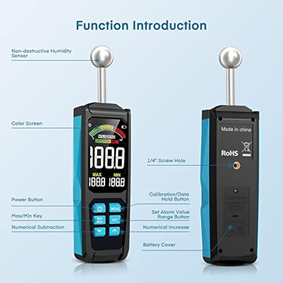 DURFICST 3-inch Color HD Large Screen Moisture Meter with Cloth Bag, 20-40mm Depth Analysis, for All Building Materials, Wood, Wall, Plaster, Masonry