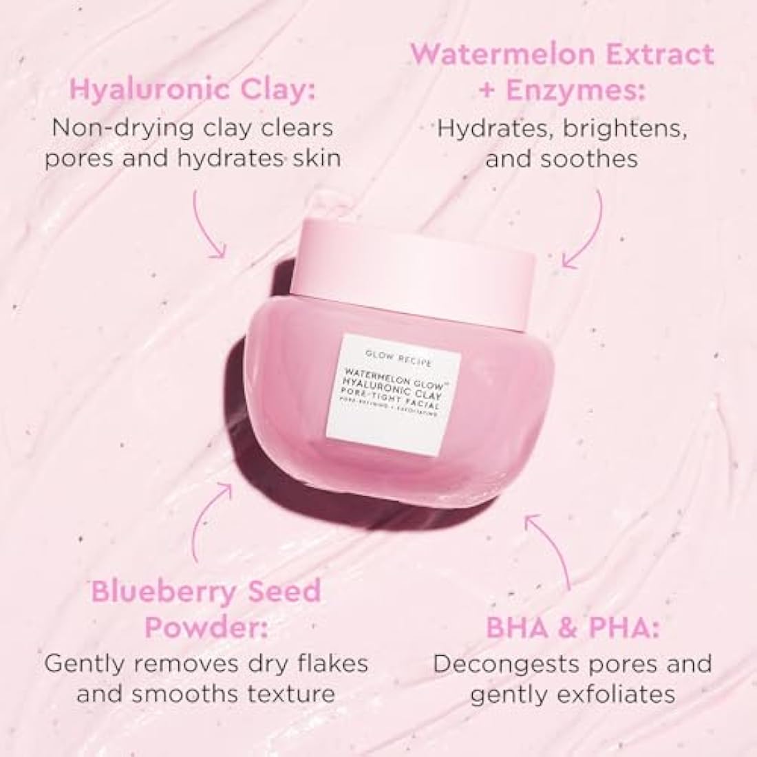 Glow Recipe Watermelon Glow Hyaluronic Clay Pore-Tight Facial - Gentle Exfoliating Clay Mask with Hyaluronic Acid - Help Minimize the Appearance of Pores, Even Tone + Hydrate (60ml / 2oz)