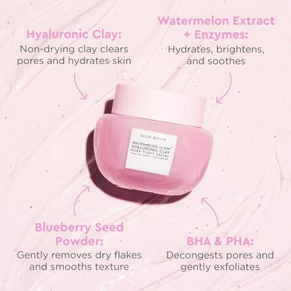Glow Recipe Watermelon Glow Hyaluronic Clay Pore-Tight Facial - Gentle Exfoliating Clay Mask with Hyaluronic Acid - Help Minimize the Appearance of Pores, Even Tone + Hydrate (60ml / 2oz)