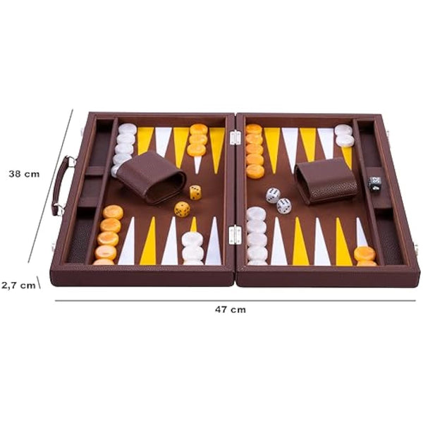 Engelhart - 250520 - Luxury Backgammon Set 15" - faux leather exterior, interior special felt inlay - pearly dice and token - 2 tumblers