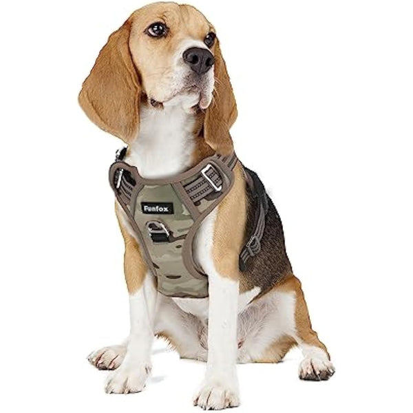 Funfox Dog Harness Medium No Pull, Adjustable 2 Clips Anti-Pull Vest with Practical Handle, Breathable Padded Pet Harness Designed for Small/Large Breeds, Reflective Training Walking Camo Green M