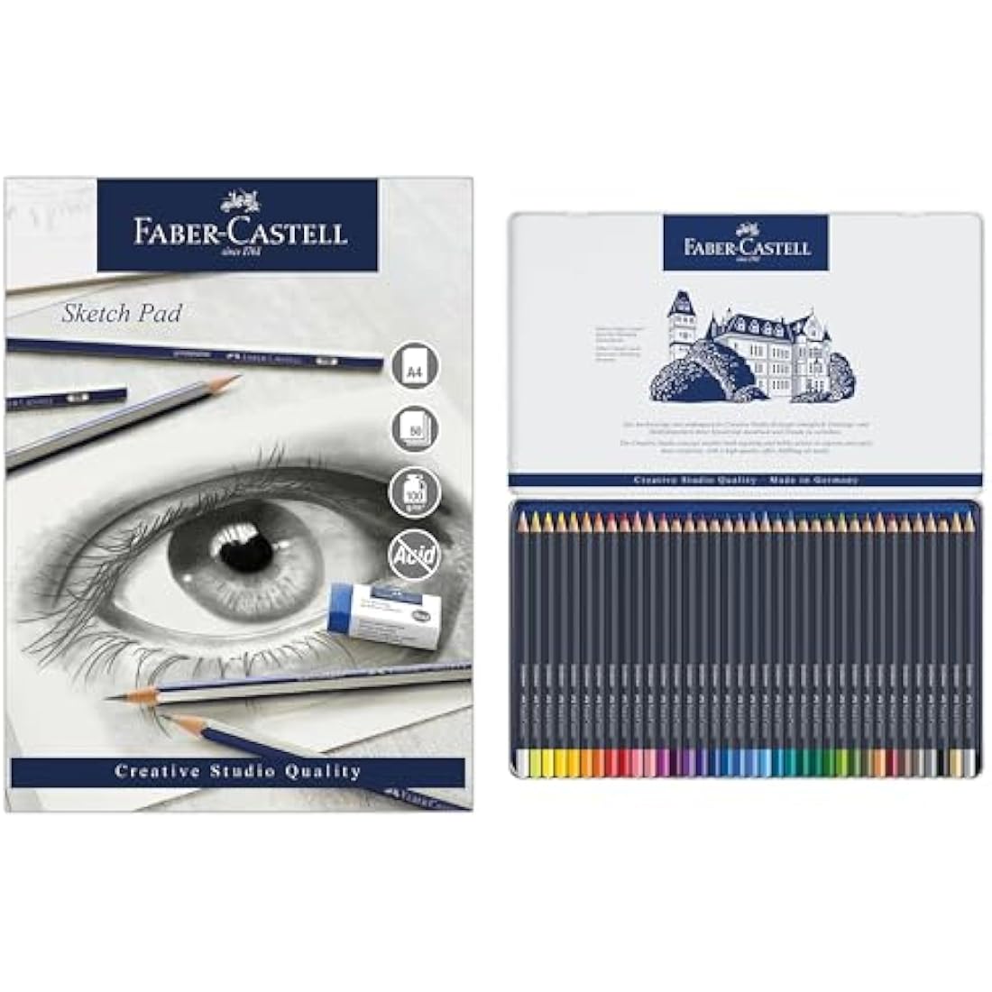 Faber-Castell Goldfaber, Colour Pencil Set, Tin Of 36 & Sketch Pad, A4, Gummed Paper Pad 100 GSM, 50 Sheets