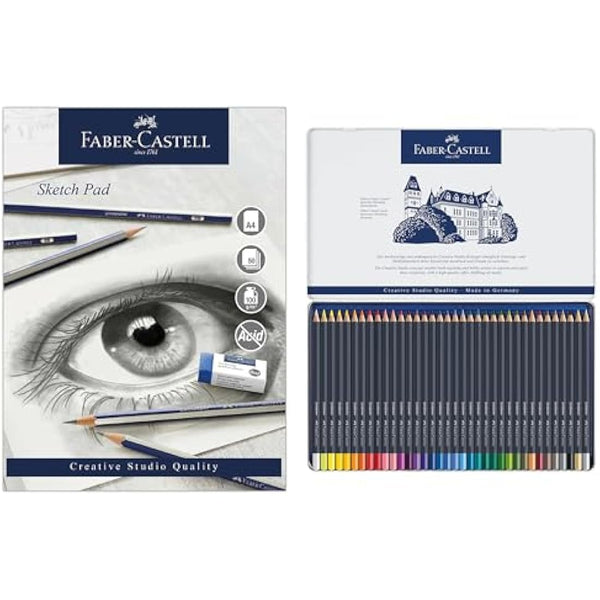Faber-Castell Goldfaber, Colour Pencil Set, Tin Of 36 & Sketch Pad, A4, Gummed Paper Pad 100 GSM, 50 Sheets