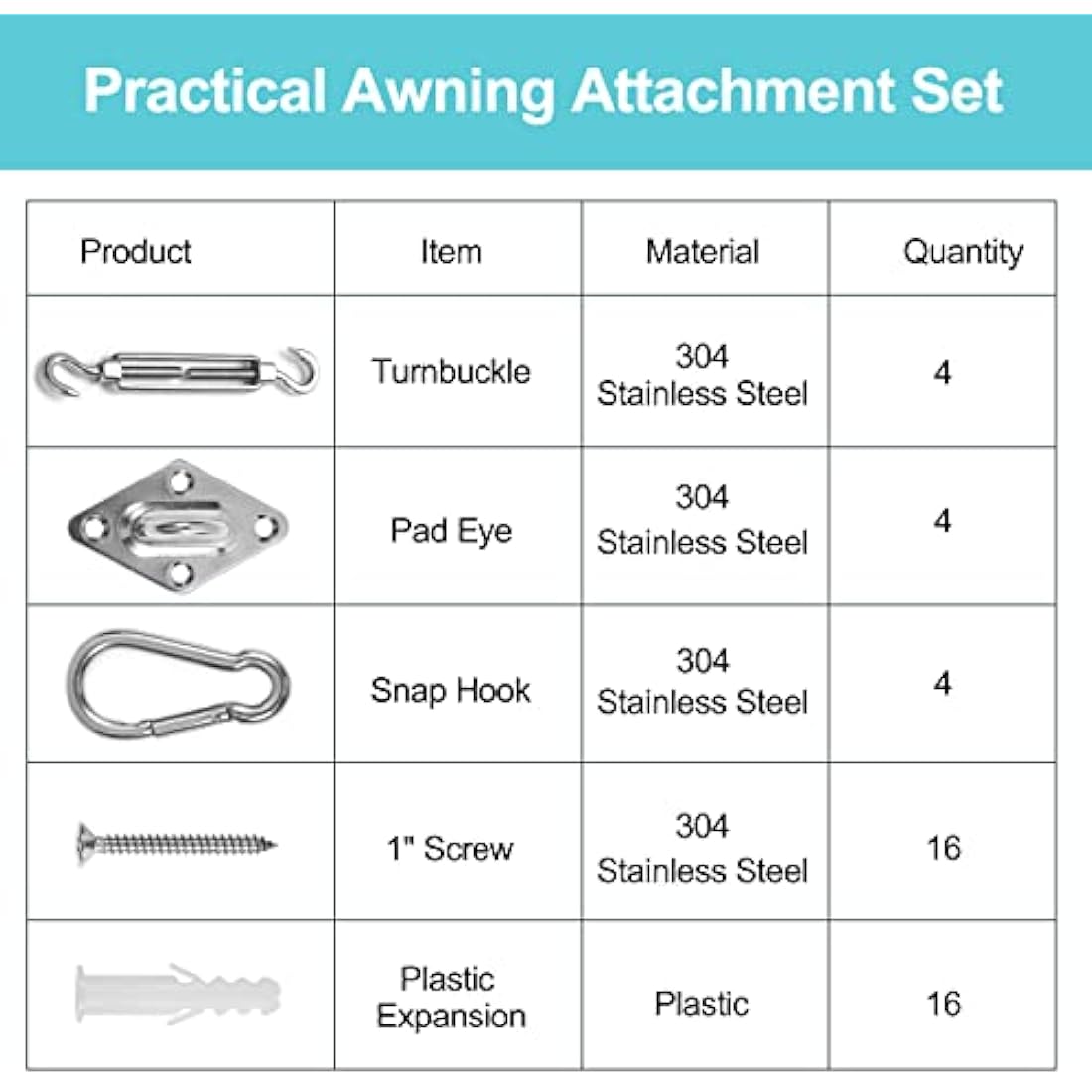HOMPER Awning Attachment Set, Heavy Duty Sun Shade Sail Stainless Steel Hardware Kit for Garden Triangle and Square, Rectangle,Fixing Accessories