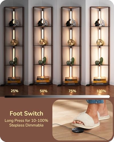 EDISHINE LED Floor Lamps with Shelves, 4 Layers Wood Dimmable Standing Lamp, 360° Rotatable Poles, Corner Floor Lamps for Living Room Bedroom Office, Walnut Brown