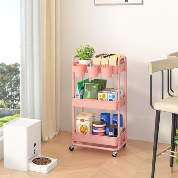 JIUYOTREE 3-Tier Plastic Rolling Storage Cart Utility Cart with Extra Hanging Cups Handles Lockable Wheels for Living Room Bathroom Kitchen Office Pink