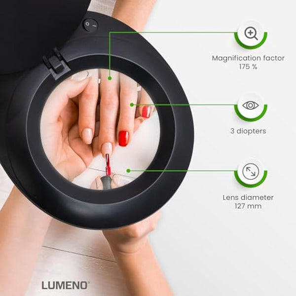 Lumeno 7213SW LED Magnifying lamp, 127 mm Glass Lens, 950 Lumen, 3 diopters, Workstation & Cosmetic lamp, for Beauty Salon, hobbyist, as Reading aid, Magnifying Glass with Table clamp