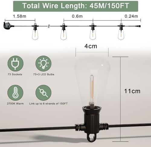Zuske 45M/150FT Festoon Lights Outdoor Mains Powered, Garden String Lights with 73+3 LED Shatterproof Bulbs, IP65 Weatherproof for Outside Backyard Gazebo Porch Patio Cafe Bistro(Warm White)