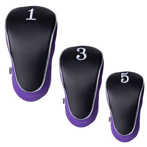 Andux Golf 460cc Driver Fairway Wood Club Head Covers with Zipper Closure Set of 3 Purple