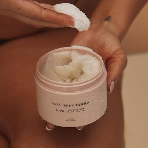 + Lux Unfiltered N°28 Exfoliating Body Polish in Santal - Exfoliating Body Scrub with Shea Butter, Passion Fruit Oil, & Vitamin E - Hydrating & Moisturizing Sugar Scrub - Vegan & Cruelty Free