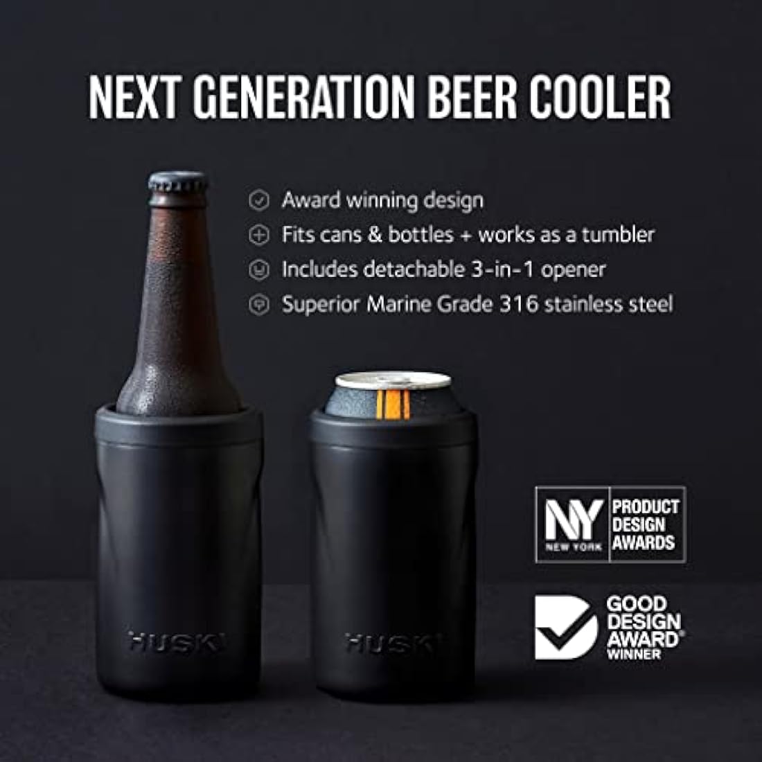 Huski Beer Cooler 2.0 | New | Premium Can and Bottle Holder | Triple Insulated Marine Grade Stainless Steel | Detachable 3-in-1 Opener | Works as a Tumbler | Best Gifts for Beer Lovers (Black)