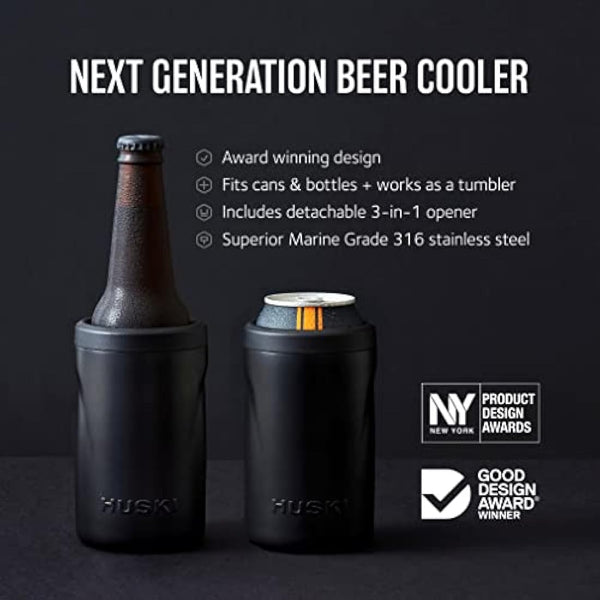 Huski Beer Cooler 2.0 | New | Premium Can and Bottle Holder | Triple Insulated Marine Grade Stainless Steel | Detachable 3-in-1 Opener | Works as a Tumbler | Best Gifts for Beer Lovers (Black)