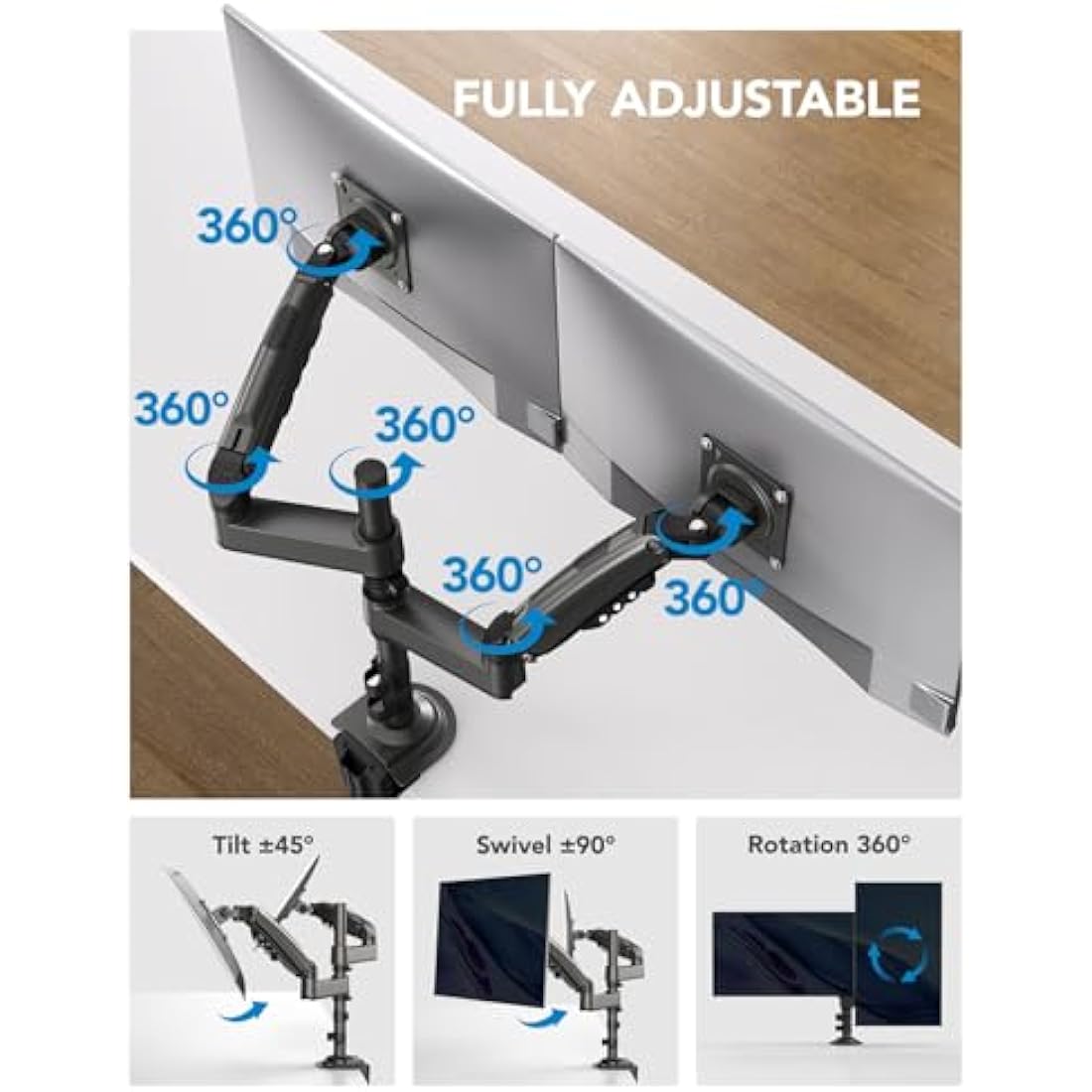 HUANUO Taller Dual Monitor Stand Long Arms for 13 to 32 inch Screens, Monitor Arm Desk Mount with Tilt Swivel Rotation, Height Adjustable Double Arm Mount, Loda Capacity 19.8 lbs, VESA 75 & 100 mm