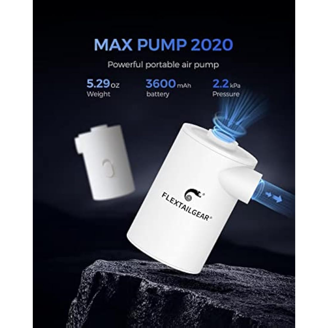 FLEXTAILGEAR MAX Pump 2020, Portable Electric Air Pump, 3600mAH Battery,Rechargeable, High Flow 300L/min, Fast In/Deflating, Air Mattress, Swimming Ring, Vacuum Storage Bags, Camping & Travel