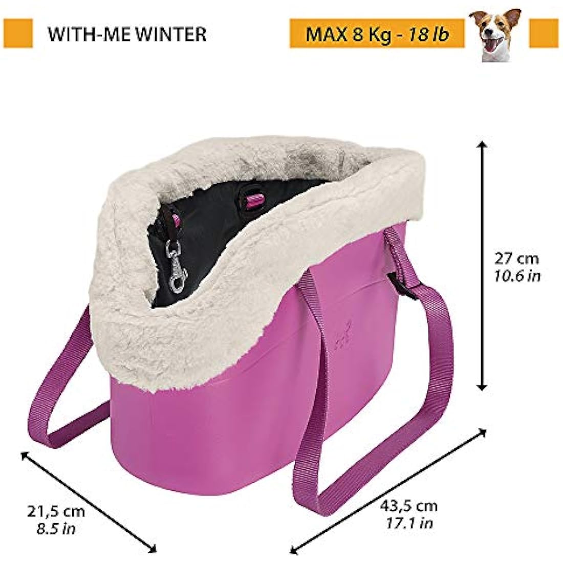 Ferplast Carrier bag for dogs WITH-ME WINTER, made of EVA, Soft rubber plastic, with faux-fur lining, Adjustable handles, Safety belt included, 21.5 x 43.5 x h 27 cm Black