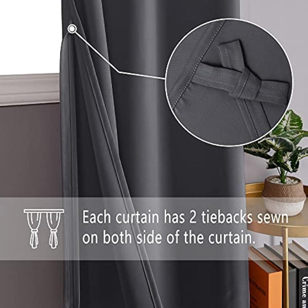 DWCN Dark Grey Blackout Curtains with Tiebacks for Bedroom Thermal Insulated Solid Eyelet Curtains for Living Room,2 Panels,66" Wide x 90" Drop