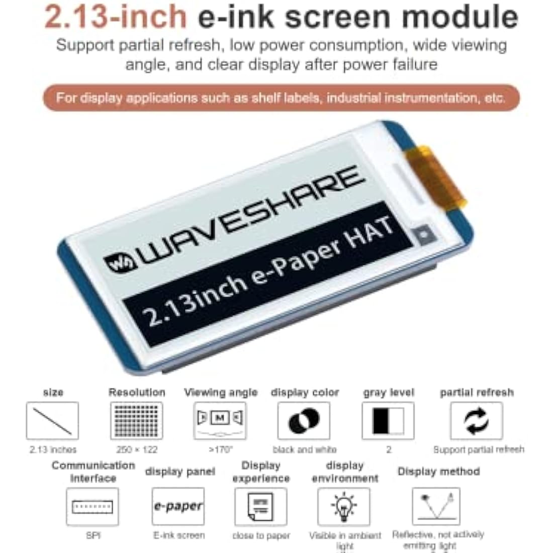 IBest 2.13inch E-paper Display HAT V4 Version 250x122 Resolution 3.3V/5V Two-Color e-ink Display epaper Screen for Raspberry Pi 4B/3B+/3B/Zero/Zero W/Zero WH, Partial Refresh, SPI Interface