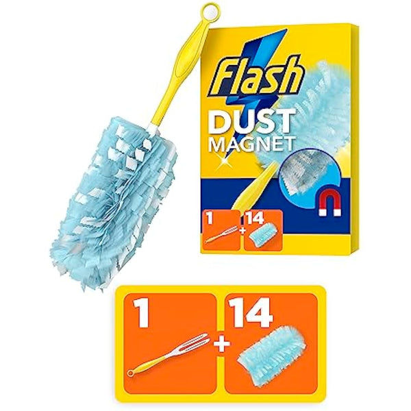 Flash Duster Dust Magnet Starter Kit, Dusters, 1 Handle + 14 Refills, Effective on 100% of Dust, Dust Magnet Refill