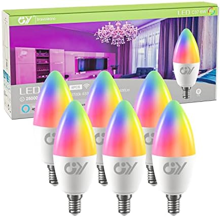 GY Smart Bulb C37 E14 Alexa Light Bulbs,6W 600lm 2700K-6500K RGB Dimmable Colour Changing Compatible with Alexa/Google Home 2.4 GHz WLAN,6 Packs