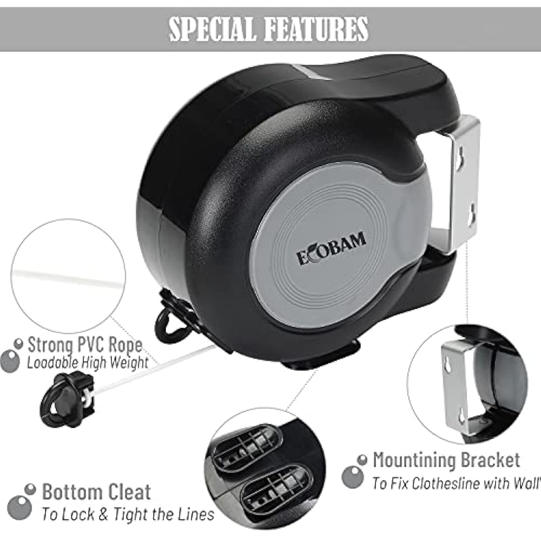 EcoBam Retractable Reel Washing Lines, Wall Mounted Laundry Drying Double Clothes Line, Heavy Duty Dual Clothesline Dryer Indoor Outdoor, 30m (2 x 15m) Black