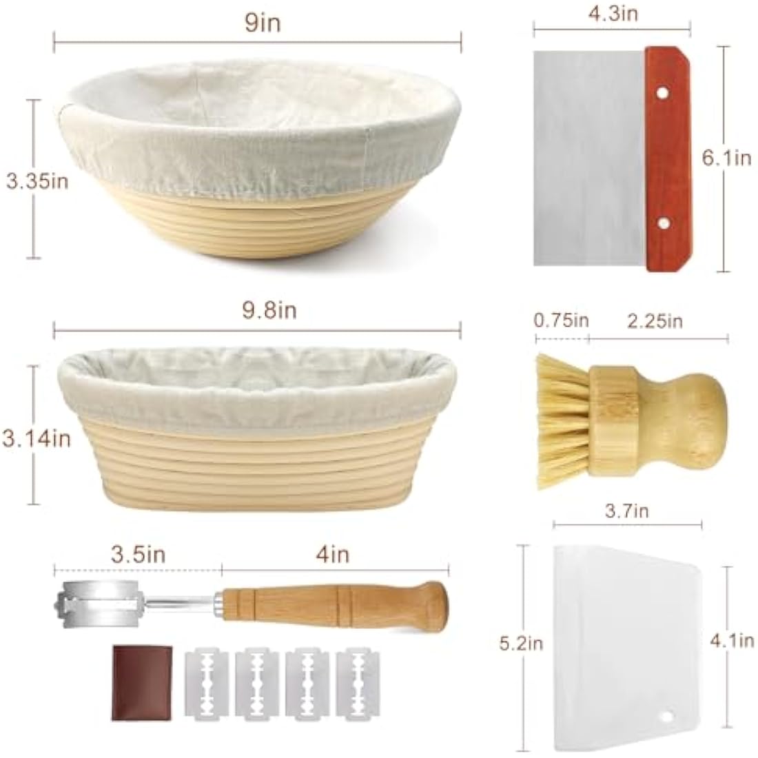Banneton Bread Proofing Basket Set for Sourdough Bread Baking: 23cm Round & 25cm Oval Rattan Proving Bowls with Liner, Bread Lame, Dough Scraper, Brush, Baking Gifts for Professionals and Home Bakers
