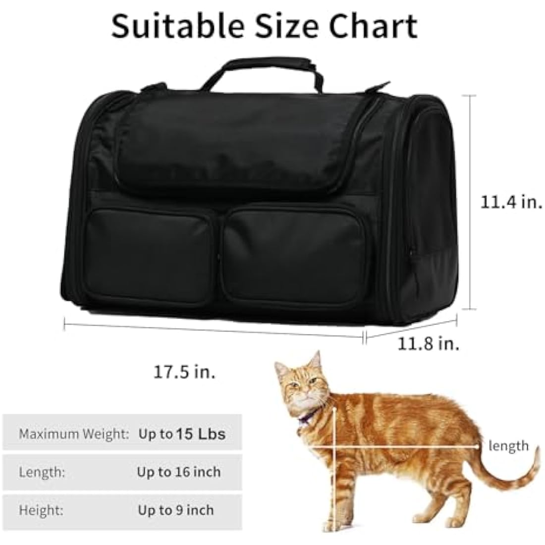 FUKUMARU Cat Carrier, 4 Mesh Windows Small Dog Carrier, 4 Storage Pockets Cat Travel Bag, Under 6.8 Kg Airline Approved Pet Carrier, Rollable Cover for Nervous Cats, Black