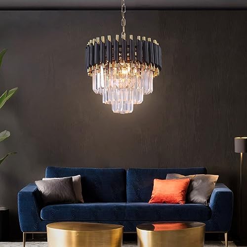 FRIXCHUR Modern Crystal Chandeliers 3-Tier Crystal Chandelier Light 15.7'' Black and Gold Pendant Light Fixtures for Living Room Kitchen Island Foyer E14x5 Bulb（Not Includ Bulb）…