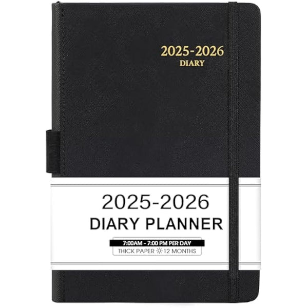 Acadmeic Diary 2025-2026 - Diary 2025-2026 Page a Day with Monthly Tabs, A5 Daily planner, From July 2025 to June 2026, Faux Leather Cover, Black